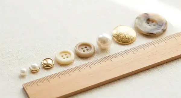 Assorted sewing buttons arranged from smallest to largest beside a ruler with millimeter markings