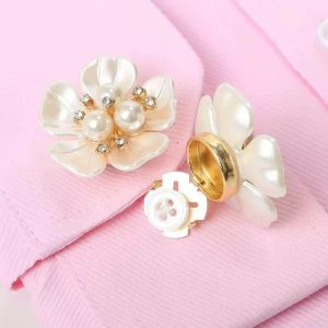 White five-petal alloy flower button cover with a faux pearl and rhinestone center, snap-on