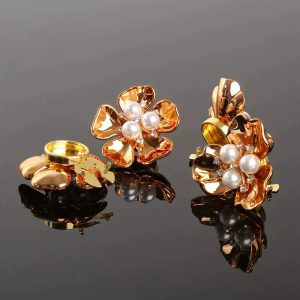 Gold five-petal alloy flower button cover with a faux pearl and rhinestone center, snap-on
