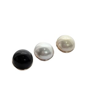 A group of black faux pearl mushroom buttons, glossy pearl-look domed buttons with a gold-tone base