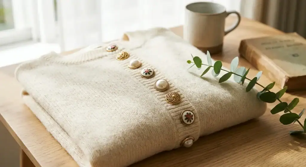Decorative buttons sewn down the front of a cream knit cardigan, in enamel-look and faux-pearl styles with gold-tone edging