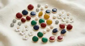 Decorative buttons in enamel-look, flower, faux-pearl and rhinestone styles arranged on a cream linen background