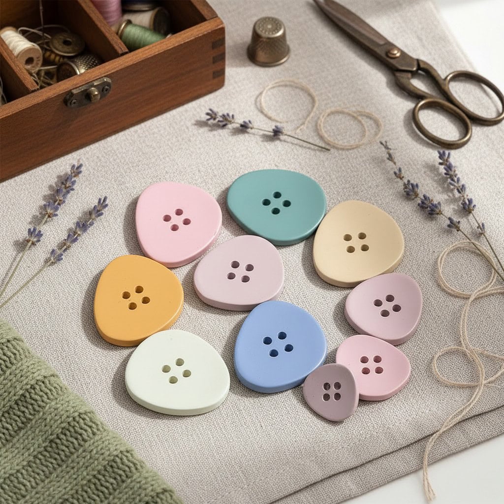 Triangle resin buttons in white, apricot, pink, yellow, green and blue with a matte finish, four-hole sew-on buttons with a rounded-triangle shape for coats, cardigans and DIY sewing