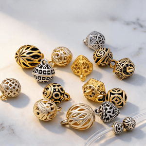 Openwork cheongsam buttons with a hollow filigree design and shank back, in gold-tone and silver-tone, for qipao, cardigans and DIY sewing