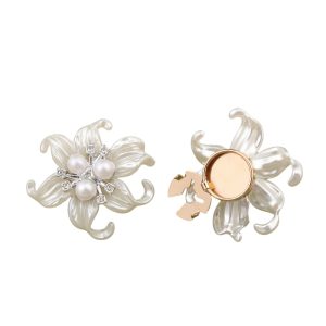 Gold-tone pearl lily button cover with rhinestones, snap-on, sold as a pair