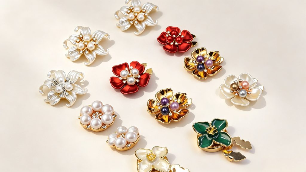No-sew button covers in pearl, flower, enamel and rhinestone styles that snap over existing shirt buttons, decorative button covers by Shancco
