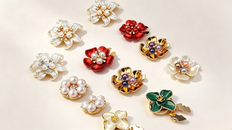 No-sew button covers in pearl, flower, enamel and rhinestone styles that snap over existing shirt buttons, decorative button covers by Shancco