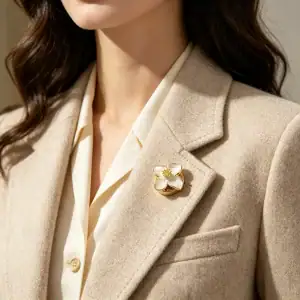 Woman wearing a beige blazer with a white enamel flower button cover on the lapel