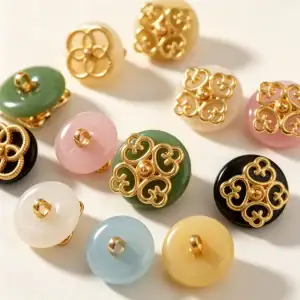 Faux jade filigree buttons in green, pink, white, black, blue and yellow with gold-tone scrollwork