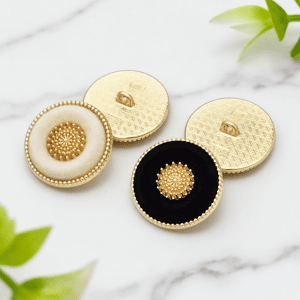 Vintage flocked buttons in white and black with a velvet-look face, gold-tone beaded double ring and medallion center, shank buttons for coats and DIY sewing