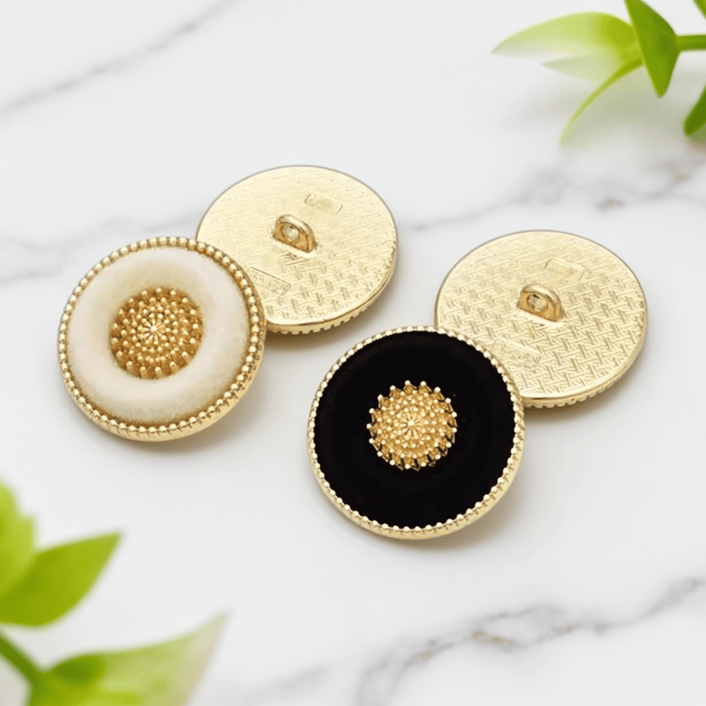 Vintage flocked buttons in white and black with a velvet-look face, gold-tone beaded double ring and medallion center, shank buttons for coats and DIY sewing