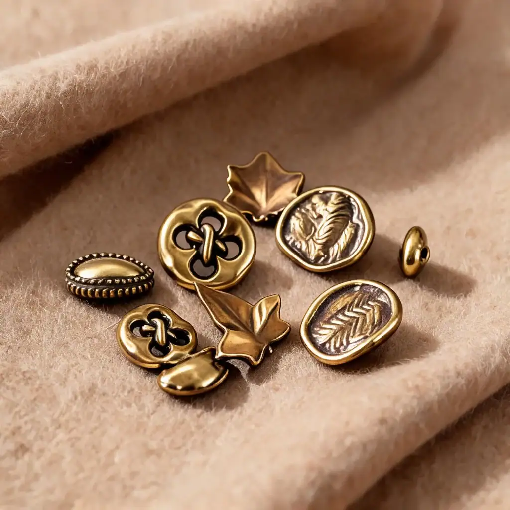 Antique bronze metal buttons in maple leaf, heart and round shapes with a vintage finish and shank backs, sew-on buttons for coats, cardigans and DIY sewing