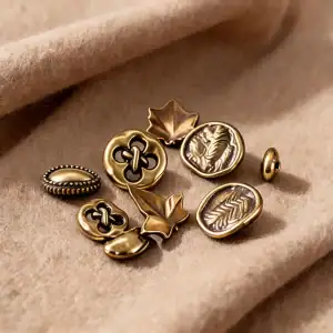 Antique bronze metal buttons in maple leaf, heart and round shapes with a vintage finish and shank backs, sew-on buttons for coats, cardigans and DIY sewing