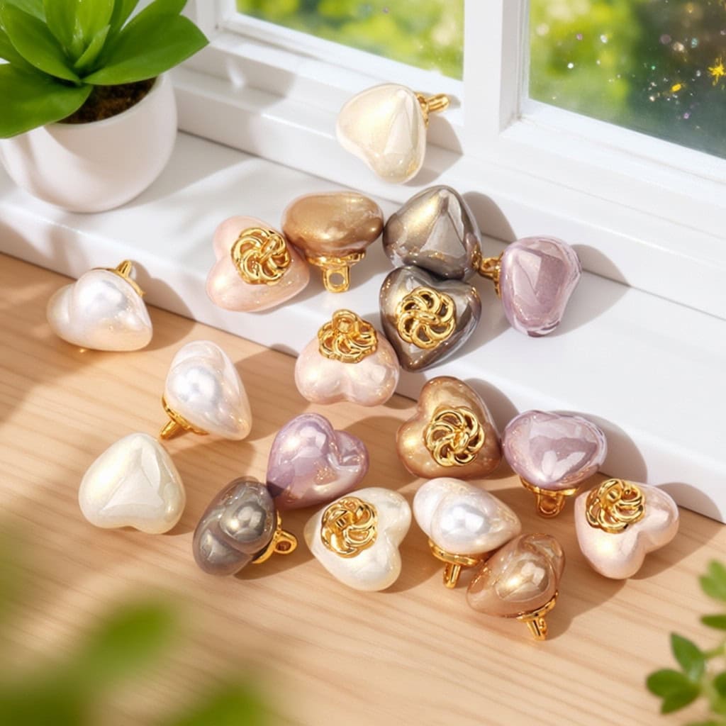 Heart faux pearl buttons with a gold-tone flower, pearl-look shank buttons in white, ivory, pink, purple, champagne and gray for cardigans, knitwear and DIY sewing