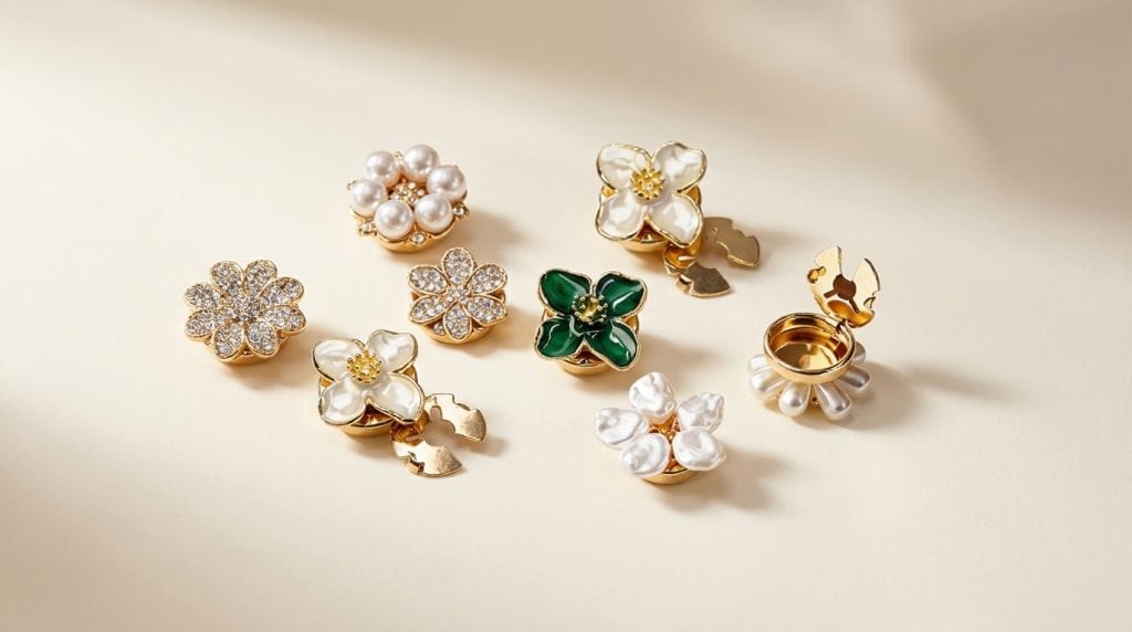 Flower button covers with faux pearl, rhinestone and enamel flower designs, alloy slip-on button covers showing the gold-tone clip back