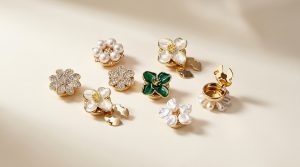 Flower button covers with faux pearl, rhinestone and enamel flower designs, alloy slip-on button covers showing the gold-tone clip back