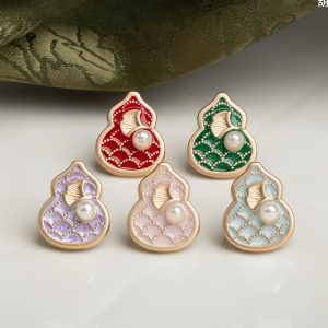 A group of five gourd pearl metal buttons in wine red, dark green, purple, light pink and aqua blue, each with a scalloped gourd-shaped enamel body, a gold-tone fan accent and a pearl-look bead