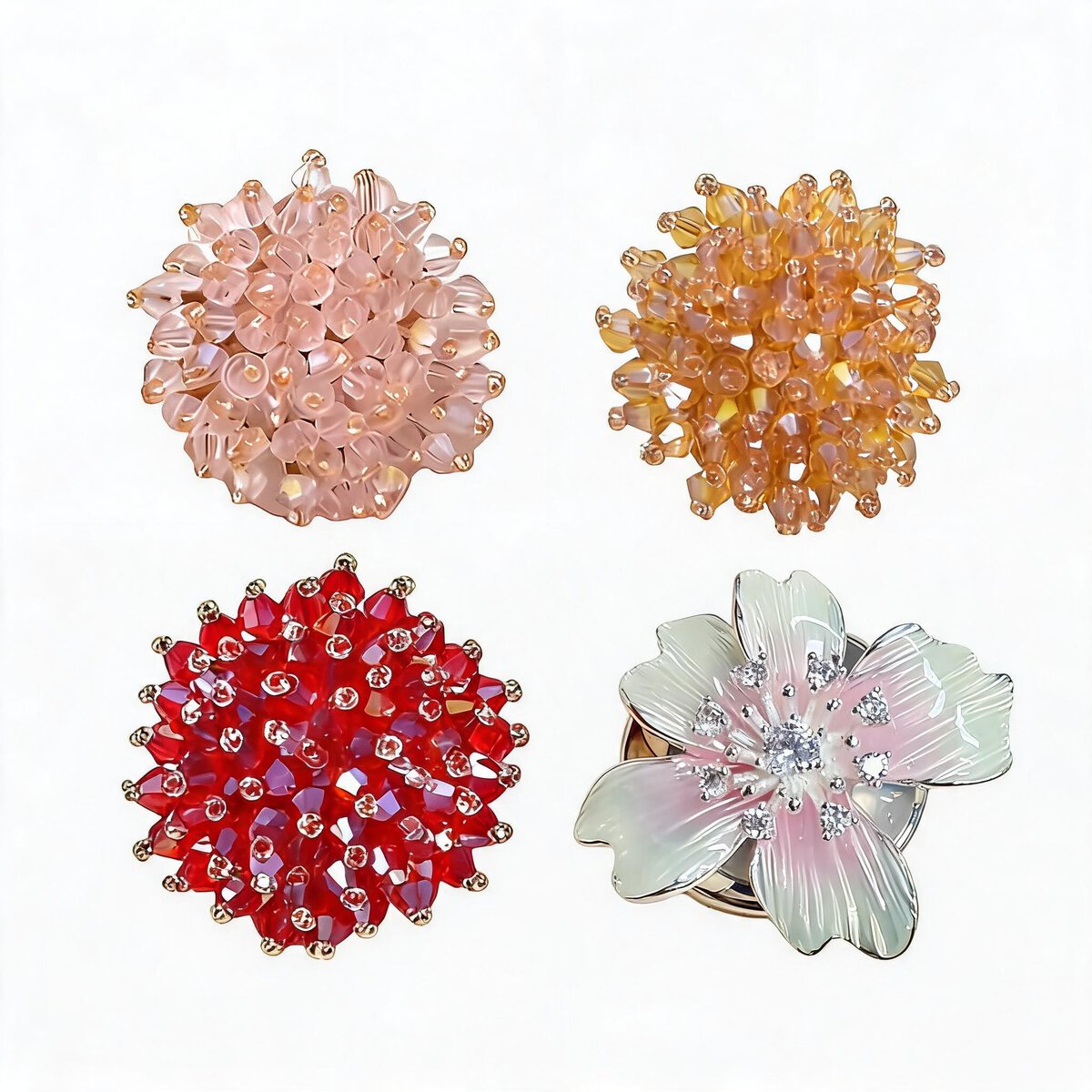 French cuff flower button covers in red, pink, champagne and iridescent cyan, beaded flowers on gold-tone bases and a pearl-look enamel flower on a silver-tone base