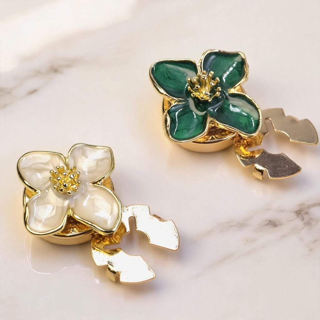 Cream white and green enamel flower button covers showing the gold-tone slip-on clip on the back