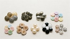 A collection of decorative buttons by Shancco: gold-tone and silver-tone metal buttons, colorful resin buttons, carved wooden buttons, faux pearl and enamel buttons, and no-sew flower button covers