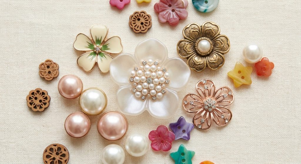 Assorted decorative buttons and no-sew flower button covers in pearl, enamel, metal and rhinestone styles on cream linen