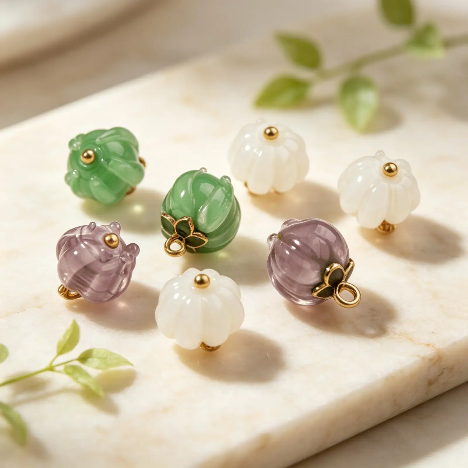 Fluted glass-look buttons on cream marble with fresh green leaves
