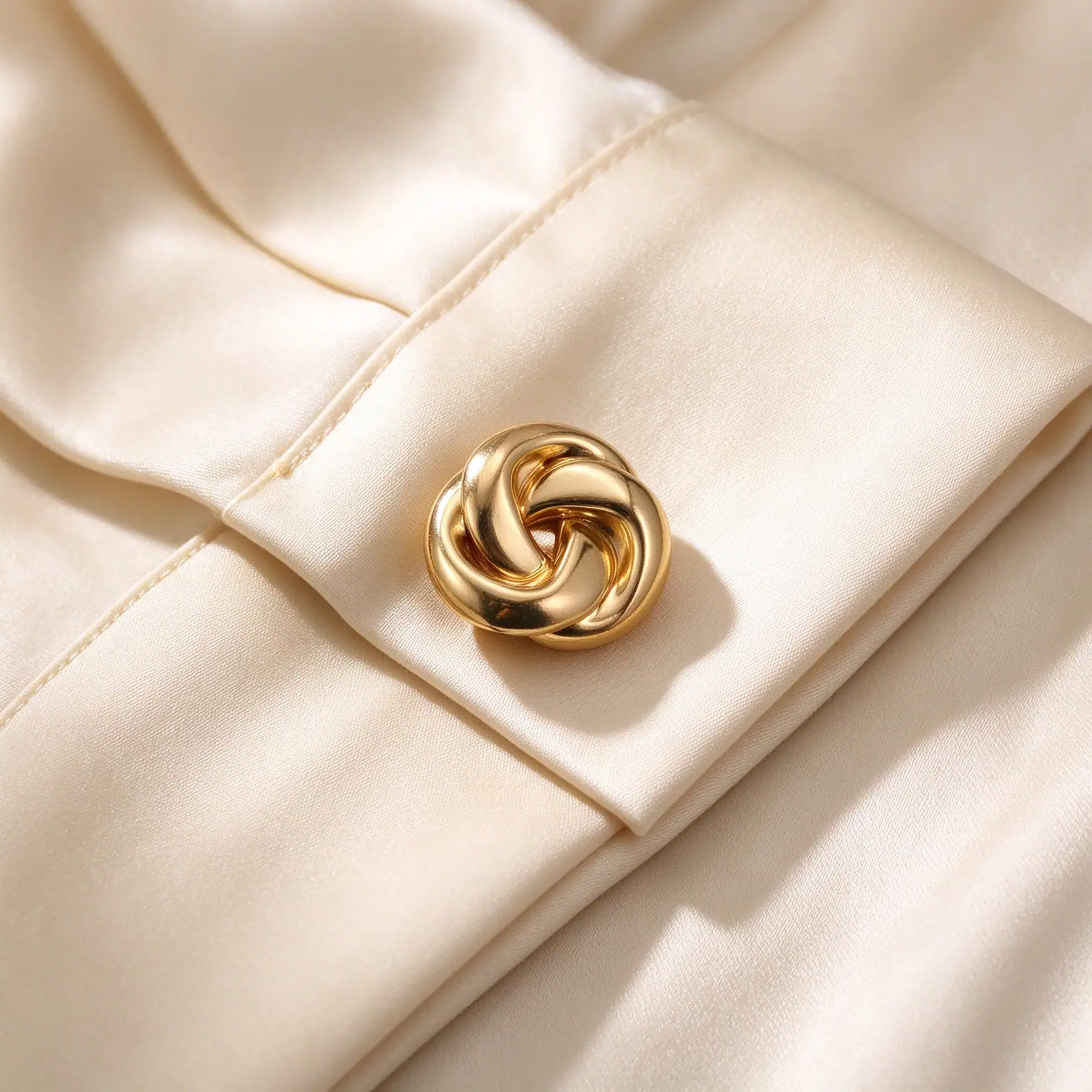 Gold-tone knot cufflink cover fastened on an ivory silk shirt cuff