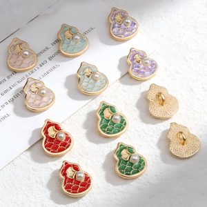 Mixed color gourd pearl metal buttons, an assorted set of gourd-shaped pearl-look beads in wine red, dark green, purple, aqua blue and light pink on gold-tone metal bases