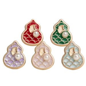 A group of five gourd pearl metal buttons in wine red, dark green, purple, light pink and aqua blue, each with a scalloped gourd-shaped enamel body, a gold-tone fan accent and a pearl-look bead