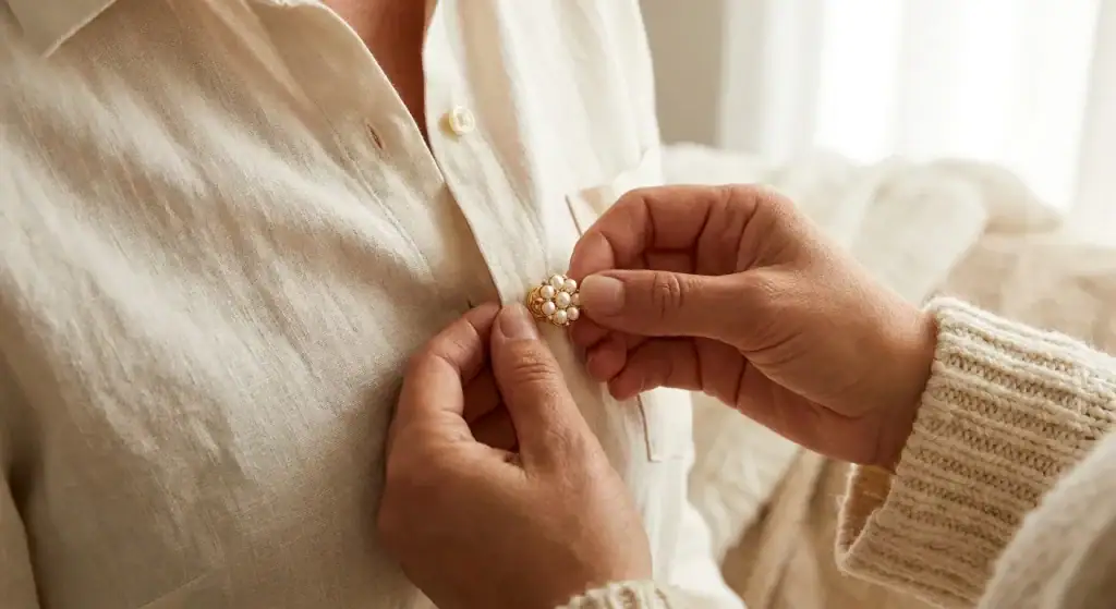 Hands clipping a gold-tone faux pearl no-sew button cover over a button on the front of a cream shirt