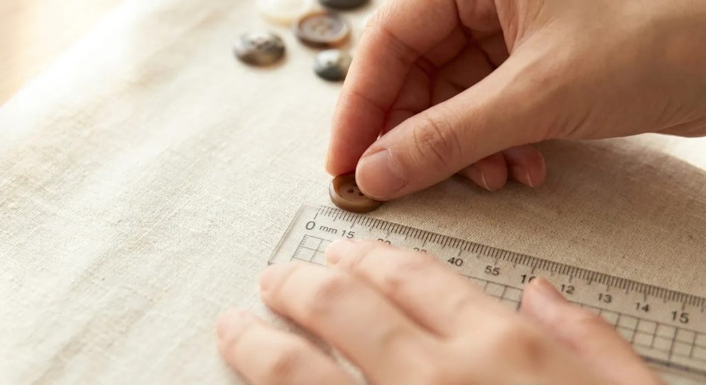 Hands measuring a button's diameter against a ruler with millimeter markings, how to measure a button