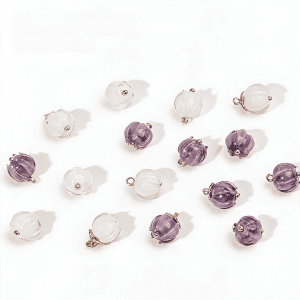Lily of the valley glass buttons scattered on white, handmade white and purple ribbed flower buds with gold-tone loops, approx. 12mm