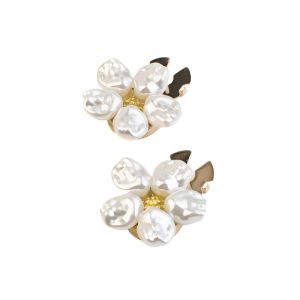 Faux pearl flower button covers with a gold-tone rhinestone center that snap over shirt buttons, sold as a pair