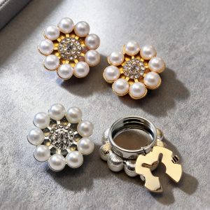 Pearl sunflower button covers with a rhinestone center in gold-tone and silver-tone, snap-on, sold as a pair