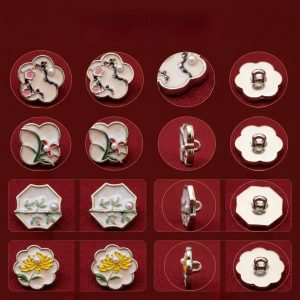 Plum-orchid-bamboo-chrysanthemum metal buttons shown front and back, gold-tone buttons with a plain shank back