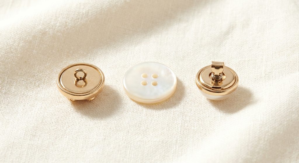 Shank button with a back loop, four-hole sew-through button and a no-sew button cover shown side by side