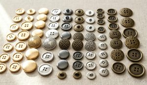 Metal buttons in gold-tone, silver-tone, gunmetal and antique brass-tone finishes, including shank back and four-hole sew-through styles in a range of sizes