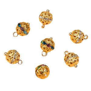 Rhinestone ball buttons in gold-tone metal, seven 10mm balls with clear and coloured stones and a sewing loop