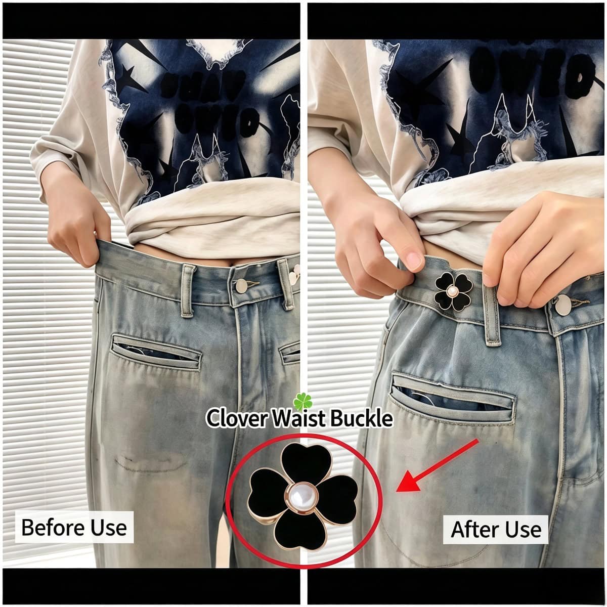 Black clover pearl waist buckle tightening the waistband of light-wash jeans, shown before and after use