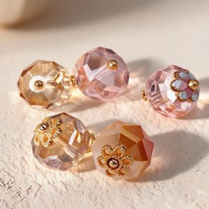 Five faceted flower base buttons in champagne, blush pink and peach, faceted acrylic beads with gold-tone flower bases and plain gold-tone centres, lit by soft daylight