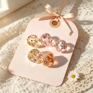 Faceted flower base buttons on a pink gift tag with ribbon and lace