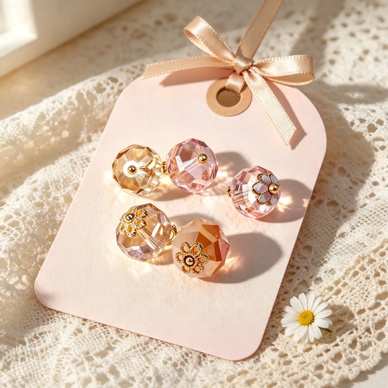 Faceted flower base buttons on a pink gift tag with ribbon and lace