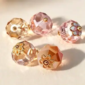 Five faceted crystal-look buttons with gold-tone flower bases in pink and champagne