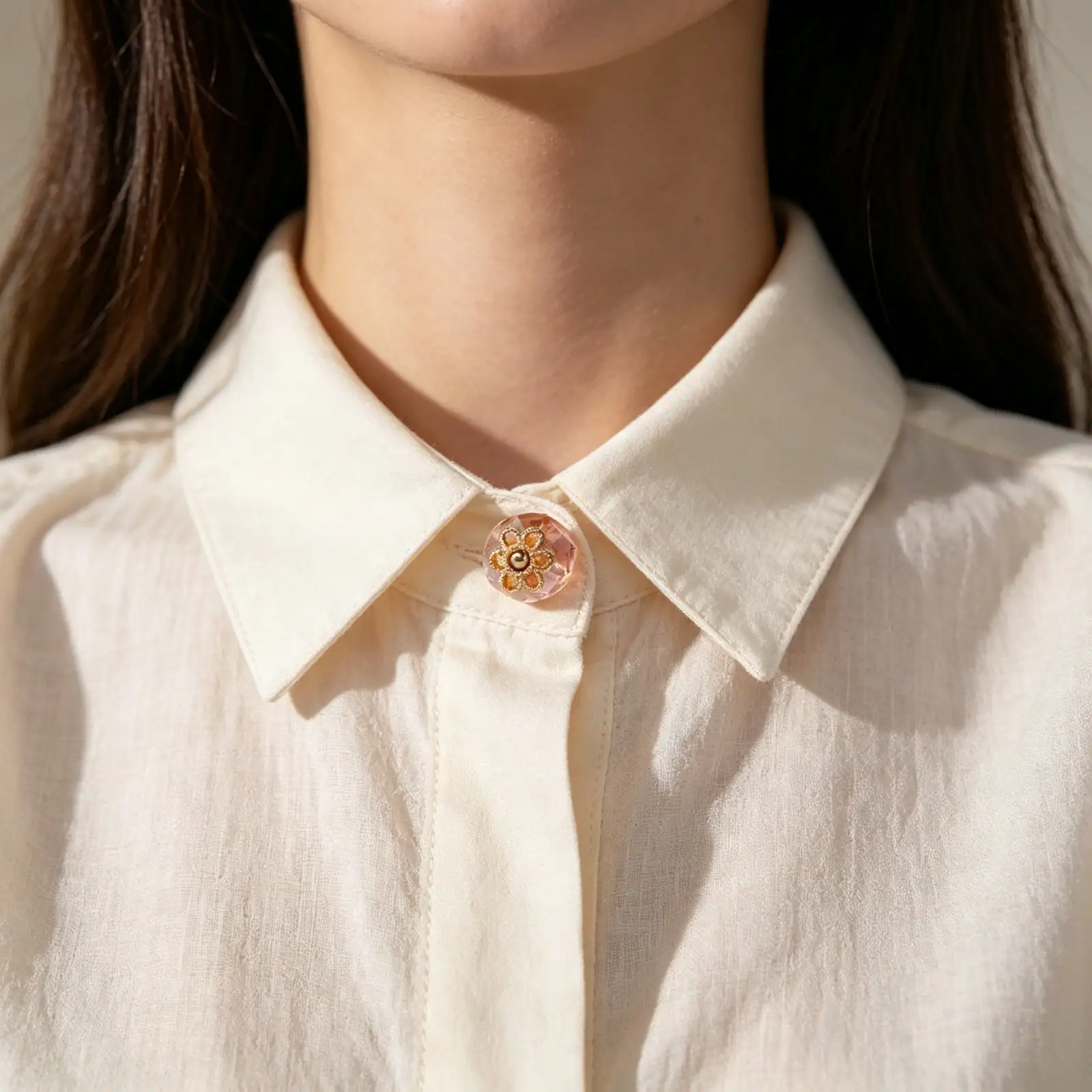 Pink faceted flower base button on a cream shirt collar