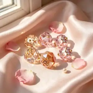 Faceted flower base buttons on blush satin with rose petals