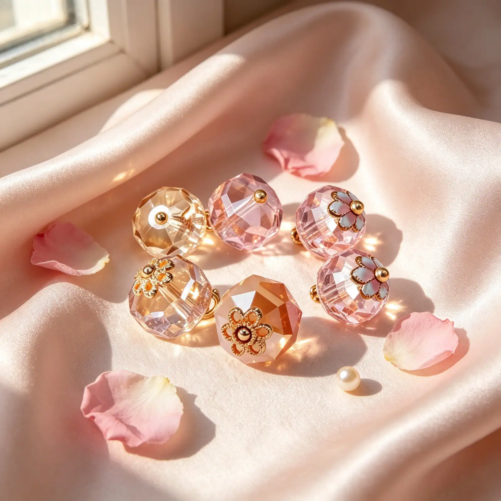 Faceted flower base buttons on blush satin with rose petals