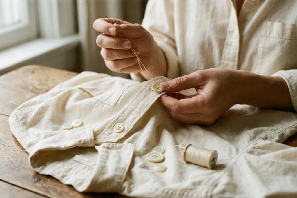 Hands sewing a four-hole button onto a cream shirt with a needle and matching thread