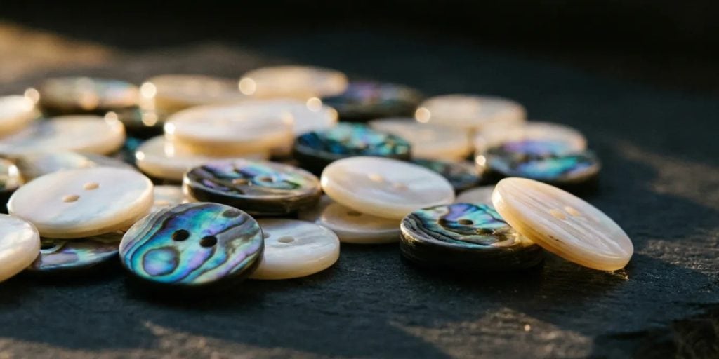 Natural white mother of pearl buttons and iridescent abalone shell buttons scattered on dark slate under raking light