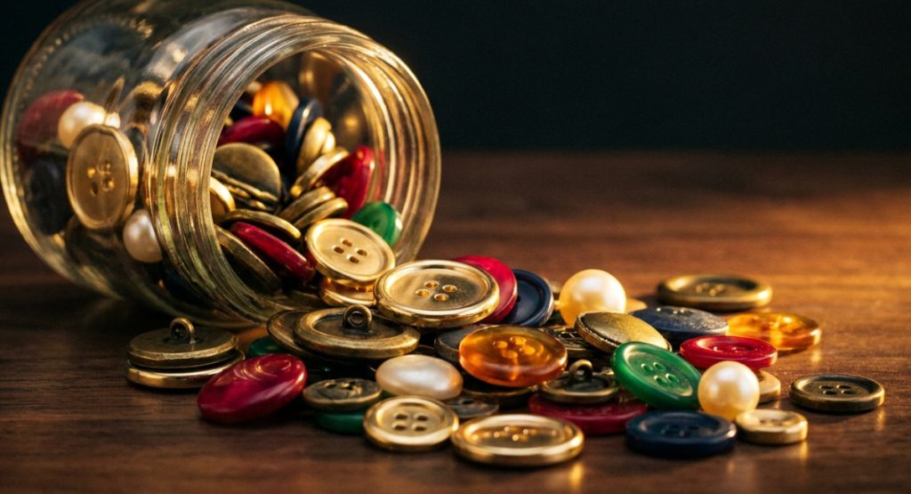 Replacement buttons in gold-tone and antique brass-tone metal, red, green, navy and amber resin and faux pearl, spilling from a glass jar onto a dark wood table