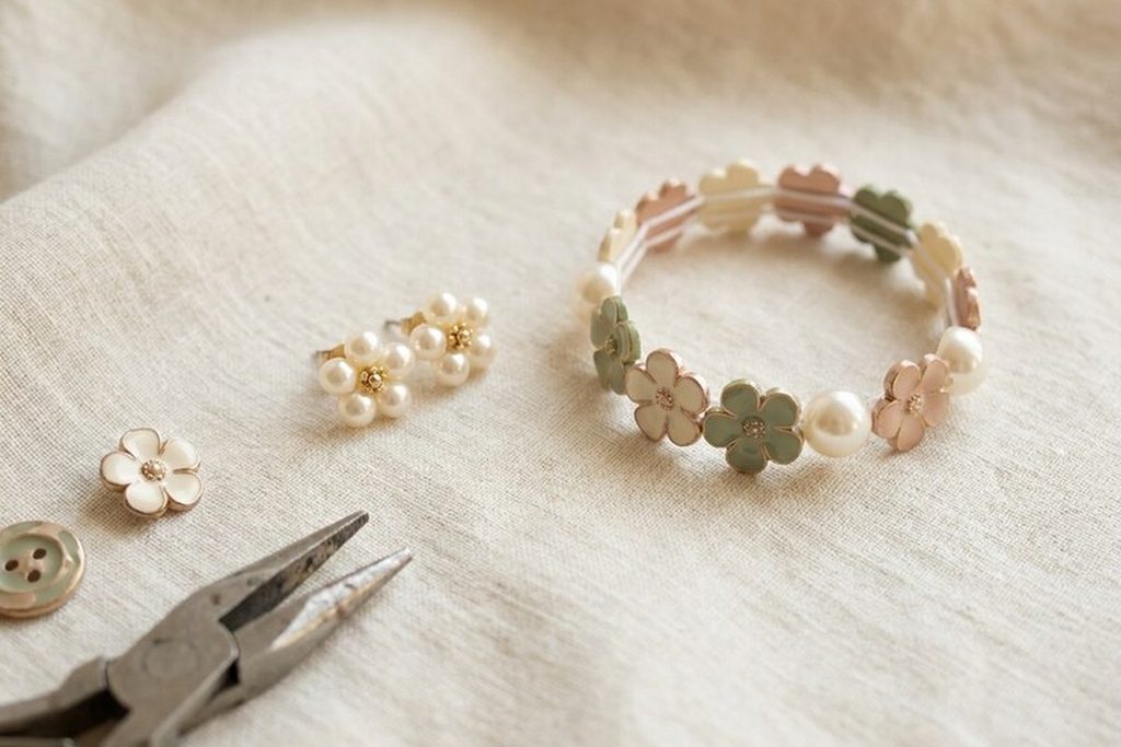 Stud earrings and a stretchy bracelet made from faux pearl and enamel flower buttons on cream linen